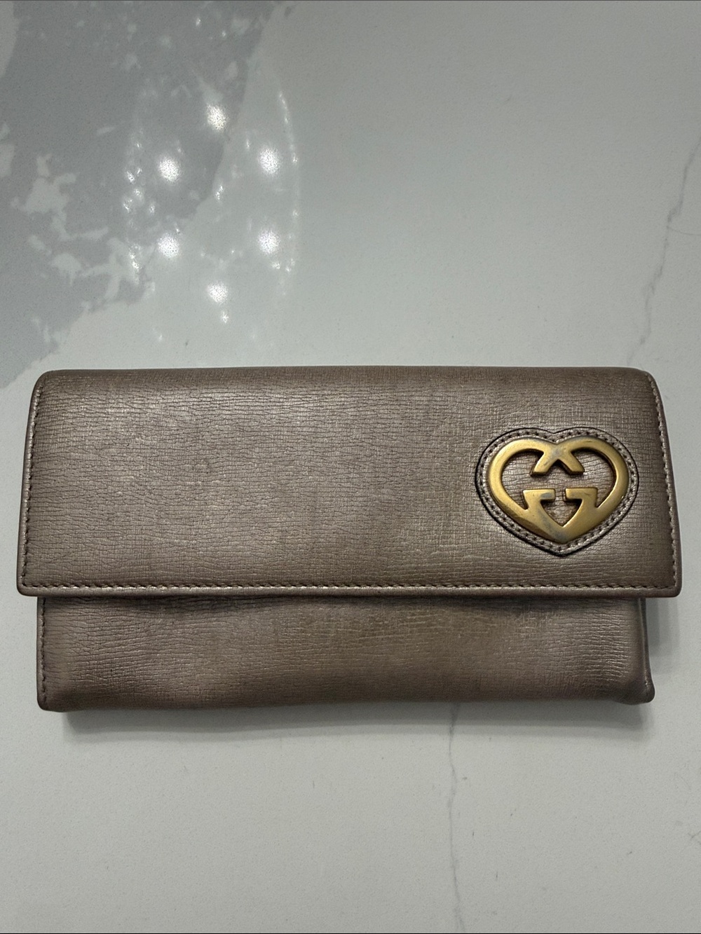 Gucci Guccissima Lovely Heart Metallic Bronze Continental Wallet